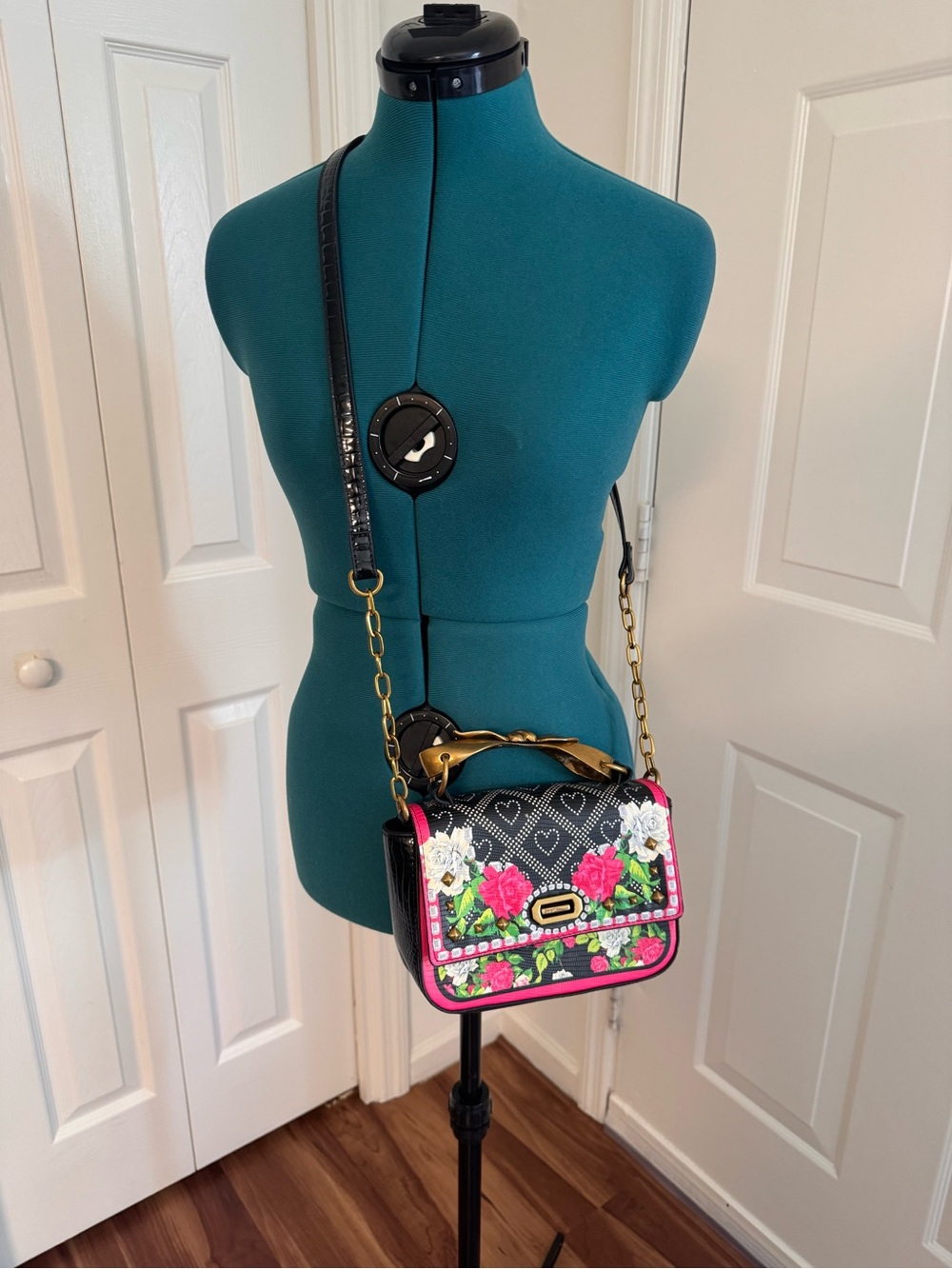 Betsey Johnson Black Floral Crossbody Bag with Pink Accents and Gold Hardware